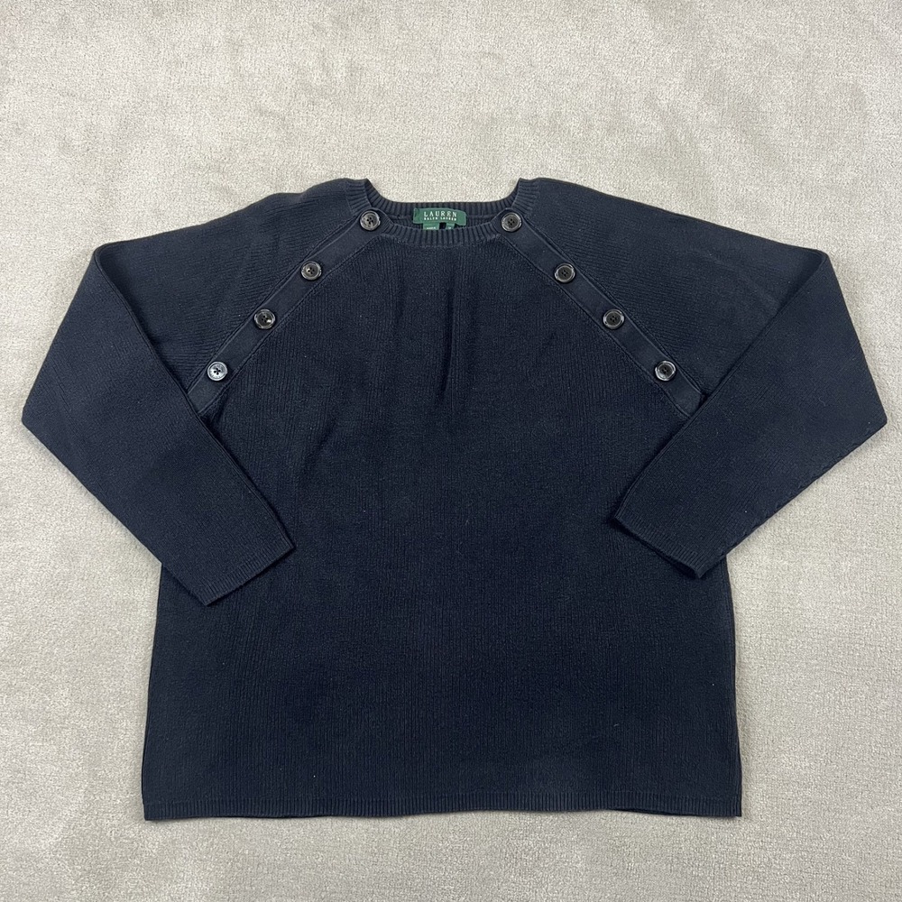 Lauren Ralph Lauren Sweater Womens 1X Navy Blue Cotton Ribbed Button Shoulder